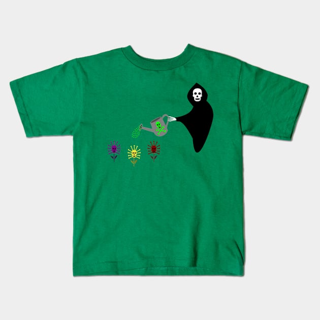 Grim Reaper Watering the Skull Flowers Fantasy Art Kids T-Shirt by Krystal Raven